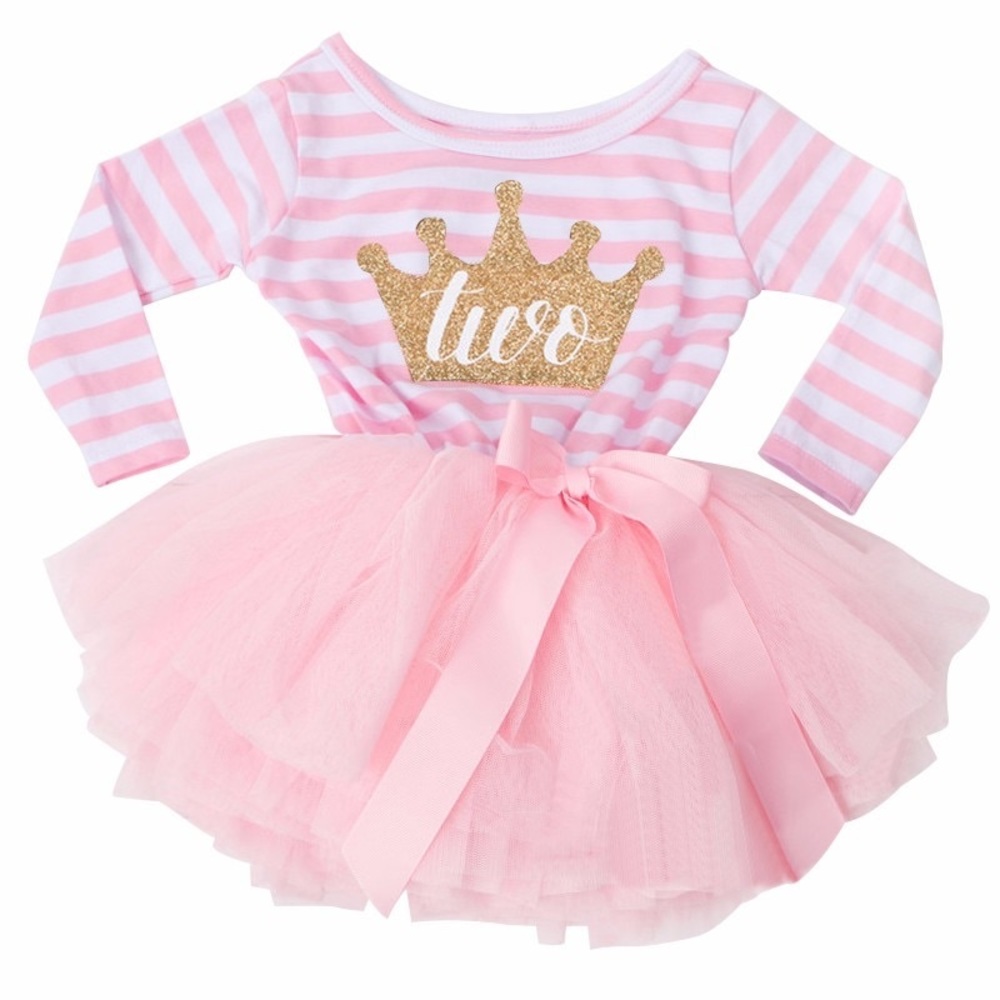 2nd Birthday Long Sleeve Pink Striped Dress with Tulle Skirt - Picture 1 of 8